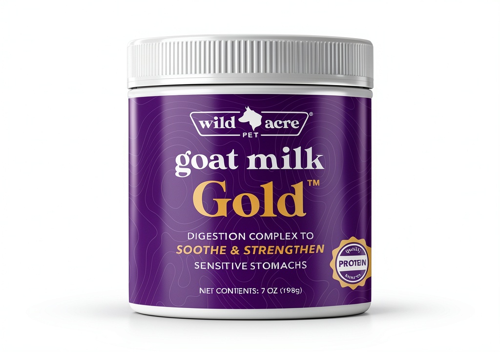Wild Acre Goat Milk Gold powder in a bowl with a happy dog nearby
