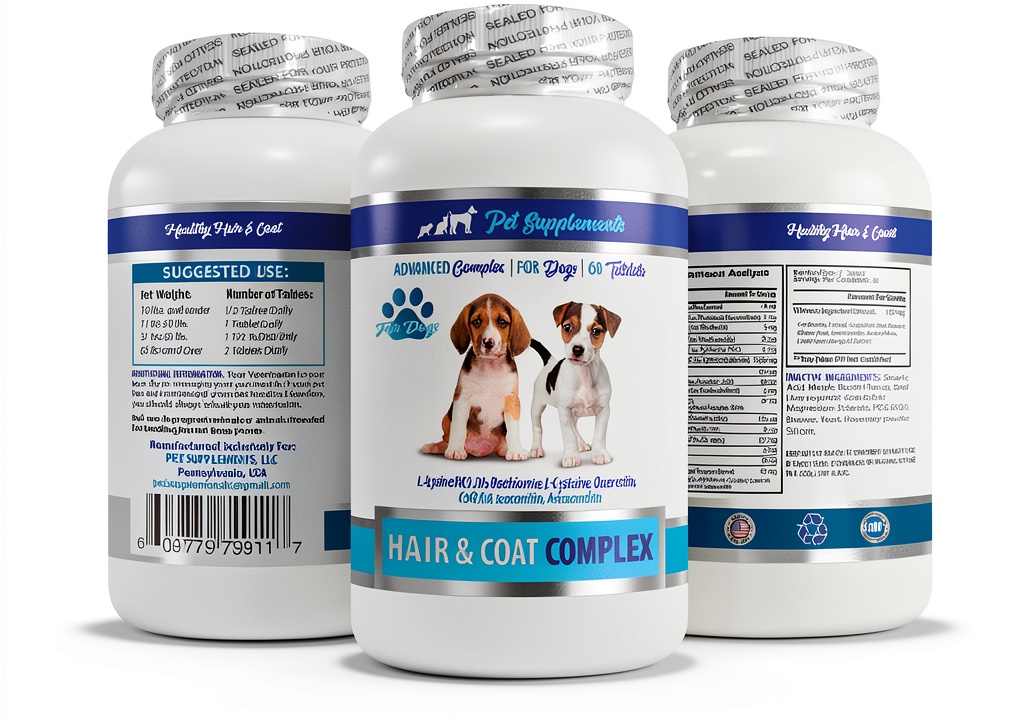 Dog vitamins bottle with visible label and measuring scoop