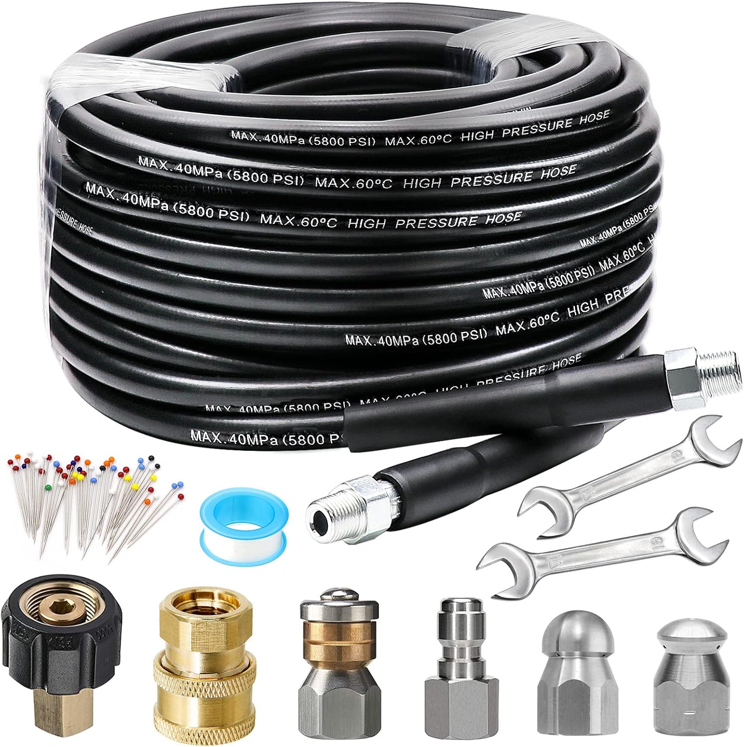 'West Bay Sewer Jetter Kit with hose and nozzles displayed on a workbench'