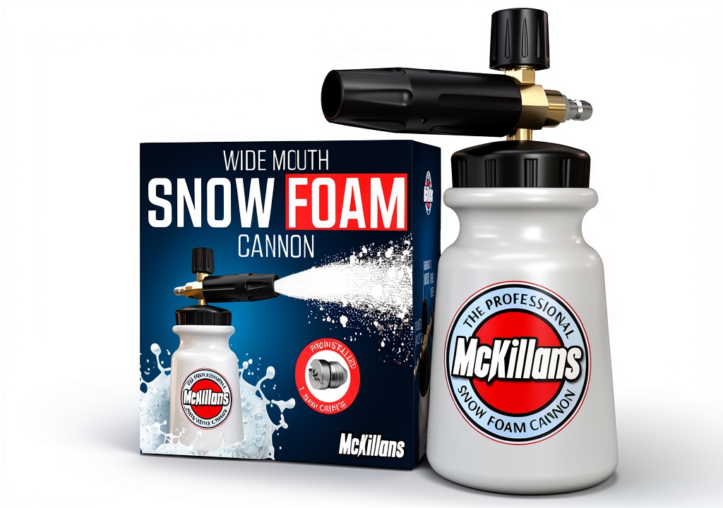 McKillans Wide Mouth Foam Cannon attached to a pressure washer during use