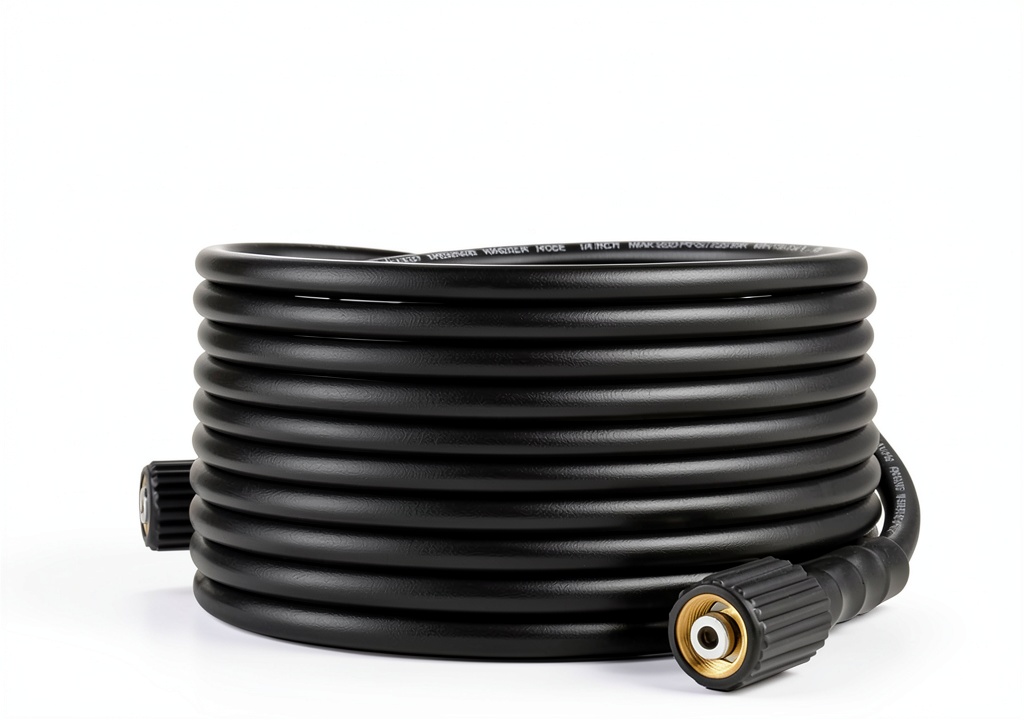 YAMATIC pressure washer hose in use on a driveway