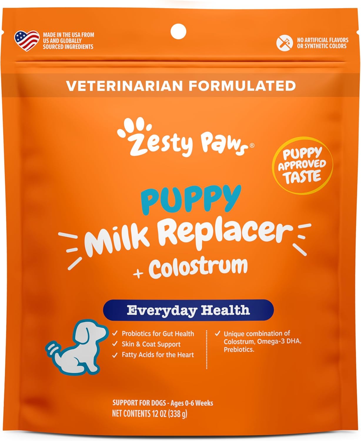 Installing Zesty Paws Puppy Milk Replacer with Colostrum Probiotics on a wooden kitchen counter