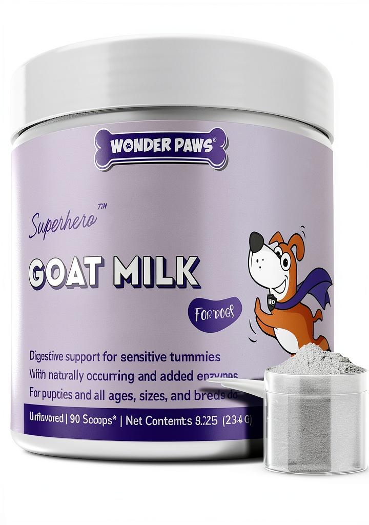 Dog owner mixing Wonder Paws goat milk powder into a bowl of kibble